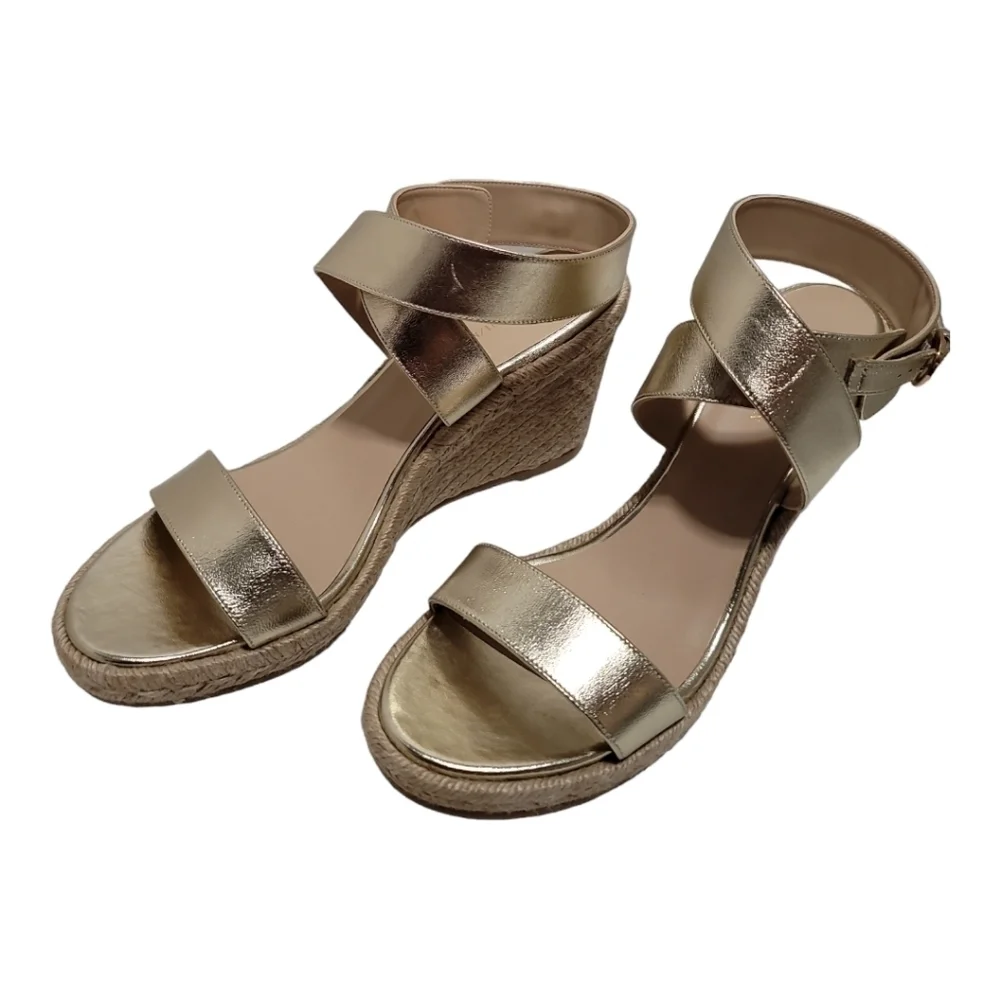 Stuart Weitzman Lexia Gold Metallic Leather Espadrille Buckle Wedges 10
